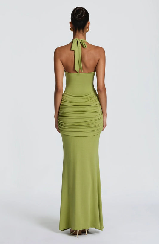 Elegant Sheath Halter Sleeveless Ruched Knotted Sage Floor-Length Evening Dress