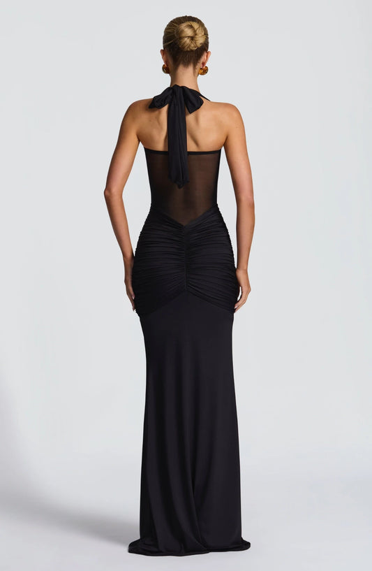 Elegant Sheath Halter Sweetheart Sleeveless Ruched Black Floor-Length Evening Dress