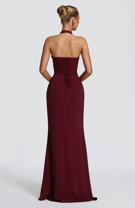 Elegant Sheath Halter V-Neck Sleeveless Ruched Bust Polyester Burgundy Floor-Length Prom Dress