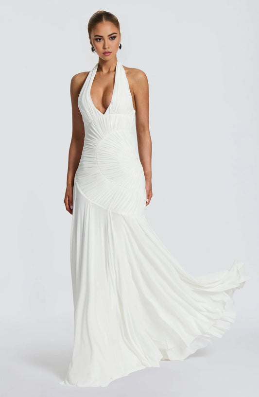 Elegant Sheath Halter V-Neck Sleeveless Ruched Draped Chiffon White Floor-Length Prom Evening Dress