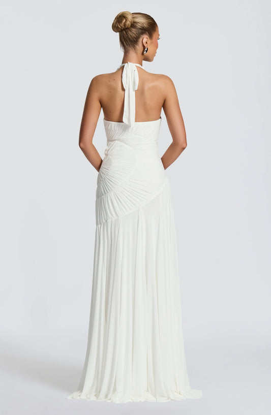 Elegant Sheath Halter V-Neck Sleeveless Ruched Draped Chiffon White Floor-Length Prom Evening Dress