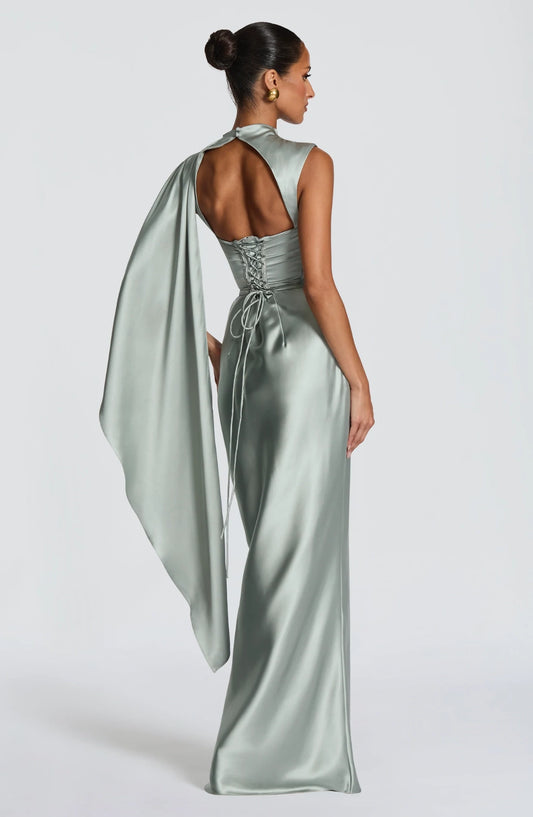 Elegant Sheath High Neck One Sleeve Draped Lace-Up Back Satin Floor-Length Prom Dress