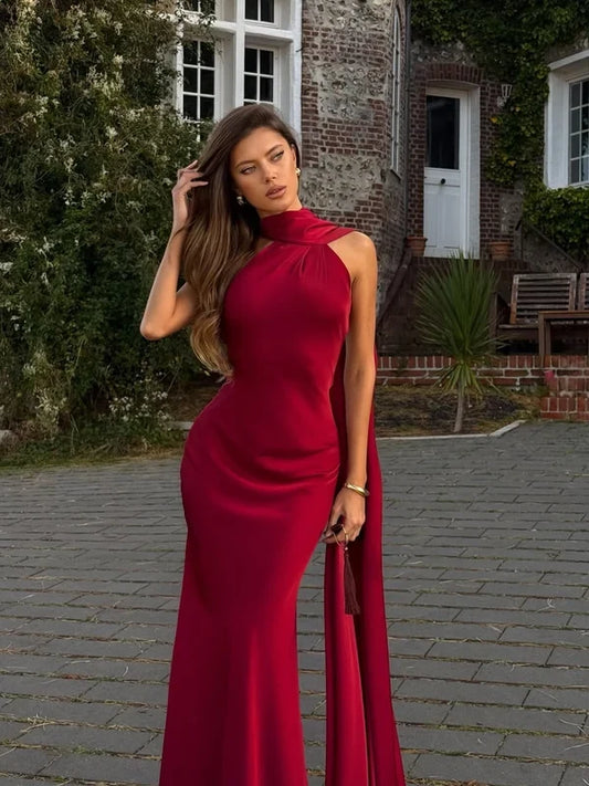 Elegant Sheath High Neck Sleeveless Draped Open Back Satin Floor-Length Evening Dress
