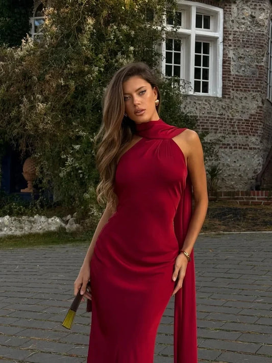 Elegant Sheath High Neck Sleeveless Draped Open Back Satin Floor-Length Evening Dress