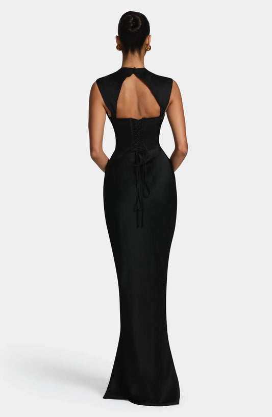 Elegant Sheath High Neck Sleeveless Open Back Lace-Up Satin Black Floor-Length Evening Dress