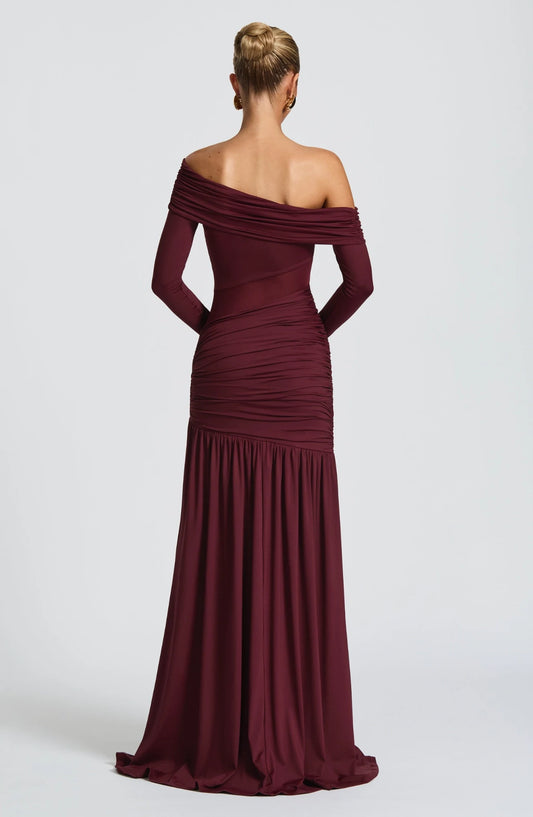 Elegant Sheath Off-the-Shoulder Long Sleeve Ruched High Slit Burgundy Floor-Length Prom Dress