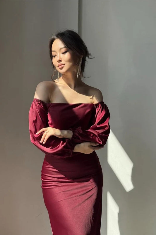 Elegant Sheath Off-the-Shoulder Long Sleeve Ruched Satin Burgundy Floor-Length Evening Dress