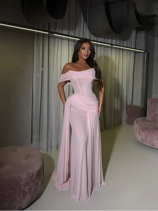 Elegant Sheath Off-the-Shoulder Short Sleeve Draped Corset Blushing Pink Floor-Length Evening Dress
