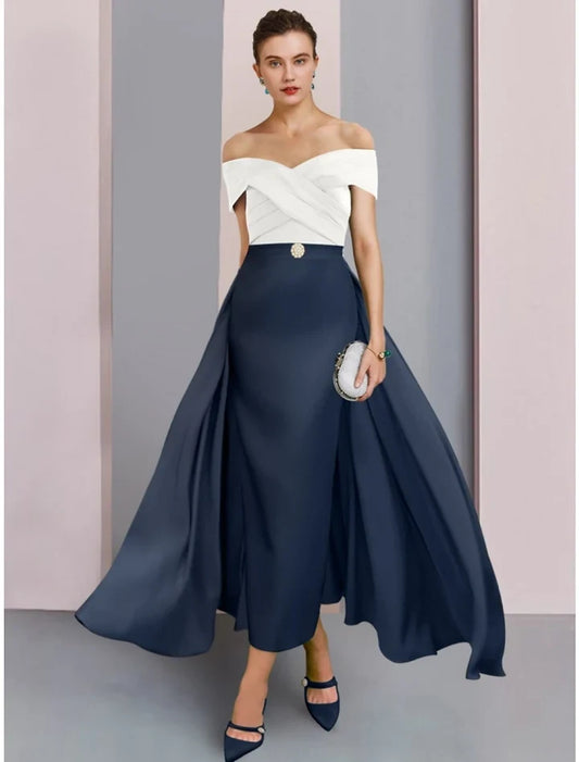 Elegant Sheath Off-the-Shoulder Short Sleeve Two-Tone Chiffon Floor-Length Mother of the Bride Dress