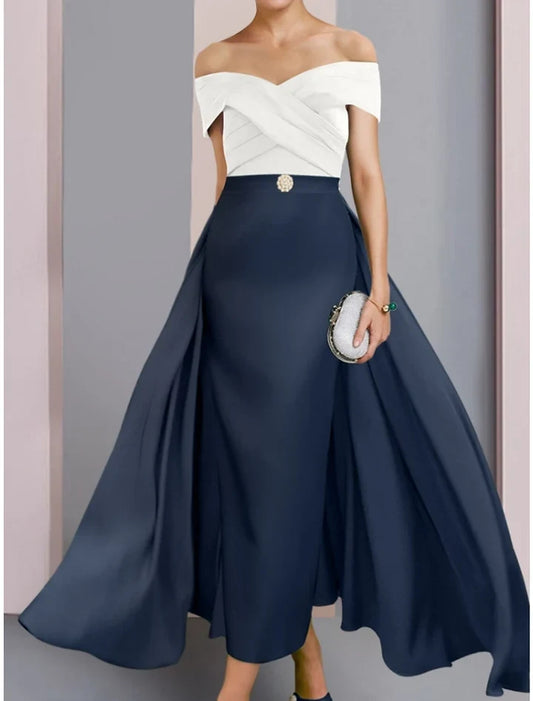 Elegant Sheath Off-the-Shoulder Short Sleeve Two-Tone Chiffon Floor-Length Mother of the Bride Dress