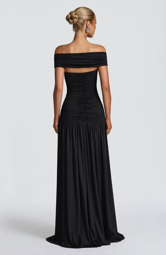 Elegant Sheath Off-the-Shoulder Sleeveless Ruched Cutout High Slit Black Floor-Length Prom Dress