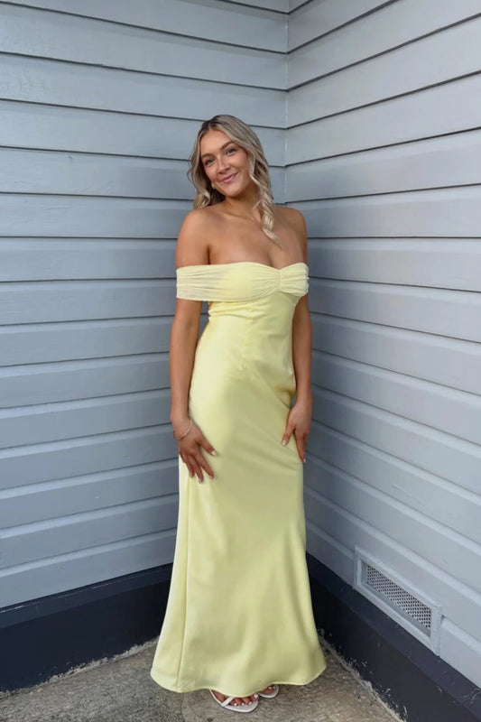 Elegant Sheath Off-the-Shoulder Sweetheart Sleeveless Draped Satin Daffodil Floor-Length Prom Dress