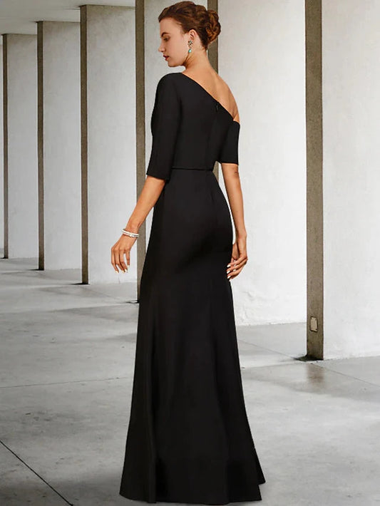 Elegant Sheath One-Shoulder Half Sleeve Draped Black Floor-Length Mother of the Bride Dress