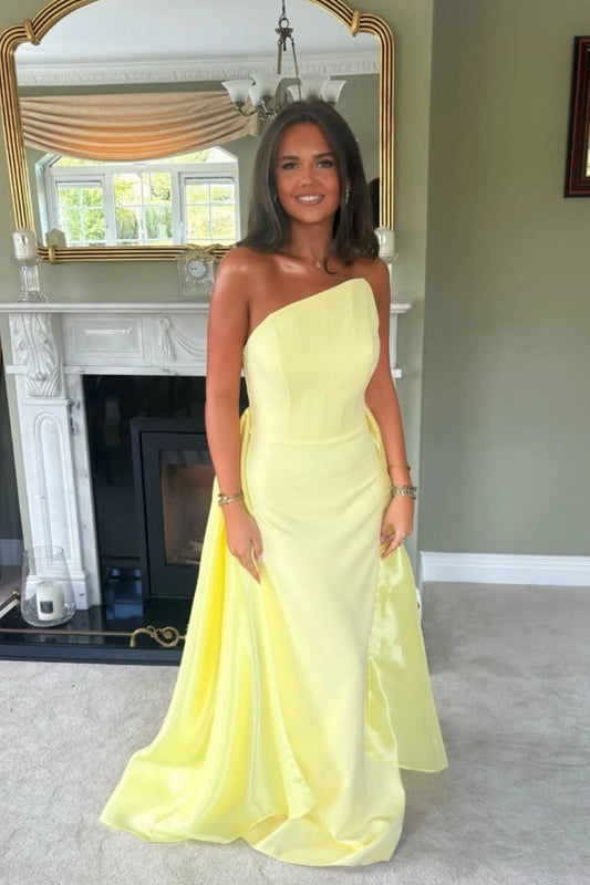 Elegant Sheath One-Shoulder Sleeveless Flowing Train Satin Lemon Floor-Length Prom Dress