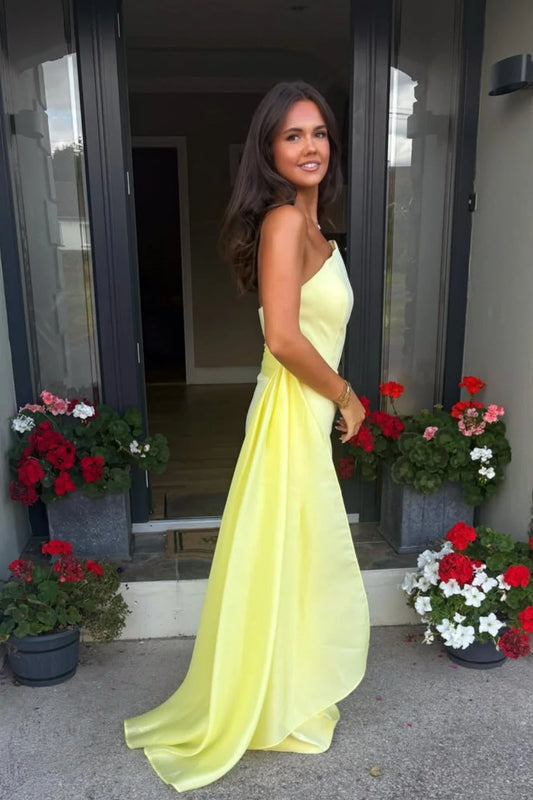 Elegant Sheath One-Shoulder Sleeveless Flowing Train Satin Lemon Floor-Length Prom Dress
