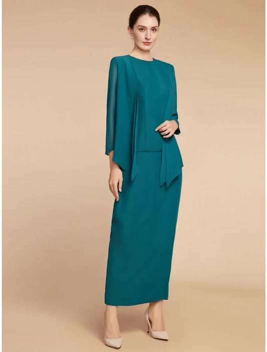 Elegant Sheath Scoop 3/4 Sleeve Overlay Chiffon Ankle-Length Mother of the Bride Dress