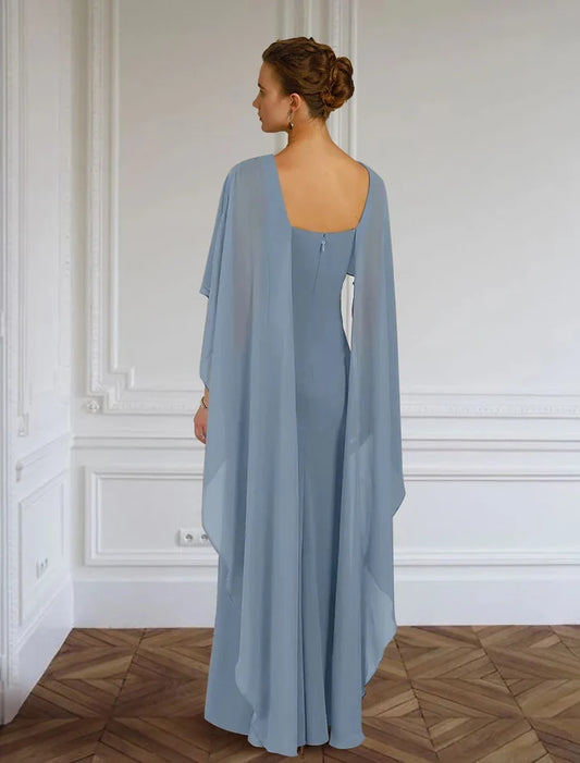 Elegant Sheath Scoop Cape Overlay Chiffon Blue Floor-Length Mother of the Bride Dress