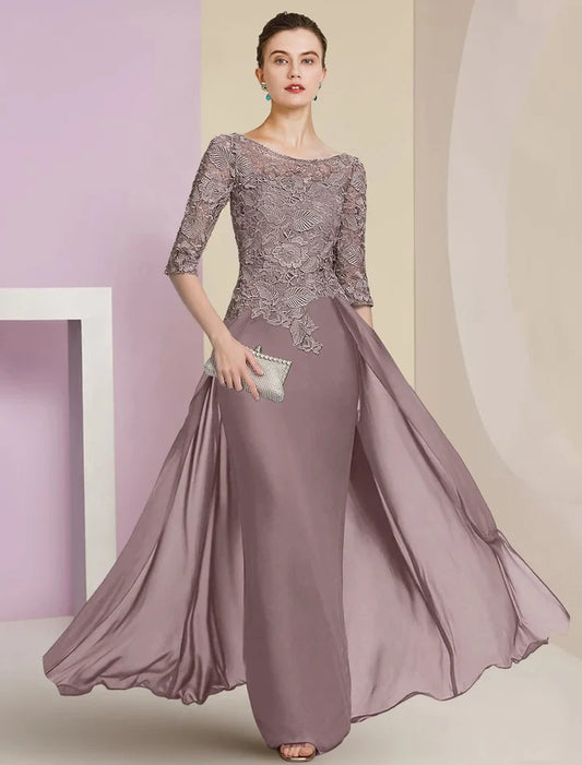 Elegant Sheath Scoop Neck 3/4 Sleeve Lace Bodice Overlay Chiffon Floor-Length Mother of the Bride Dress