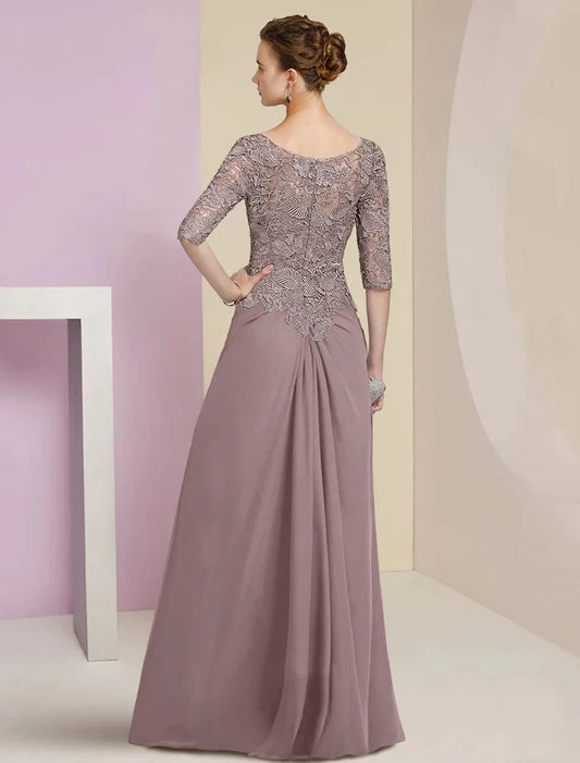 Elegant Sheath Scoop Neck 3/4 Sleeve Lace Bodice Overlay Chiffon Floor-Length Mother of the Bride Dress