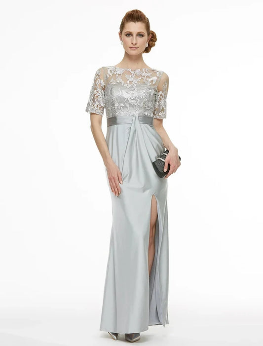 Elegant Sheath Scoop Short Sleeves Lace Bodice Slit Satin Floor-Length Mother of the Bride Dress
