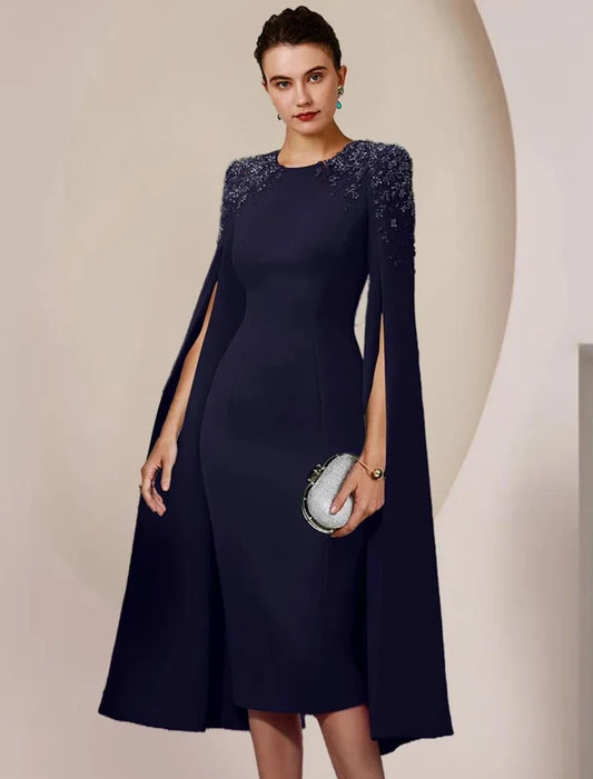 Elegant Sheath Scoop Sleeveless Beaded Cape Knee-Length Mother of the Bride Dress