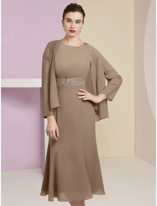 Elegant Sheath Scoop Sleeveless Beaded Waist Two-Piece Chiffon Tea-Length Mother of the Bride Dress