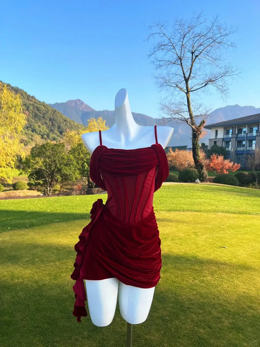 Elegant Sheath Spaghetti Straps Off-Shoulder Ruched Ruffled Short Length Homecoming Dress For Women