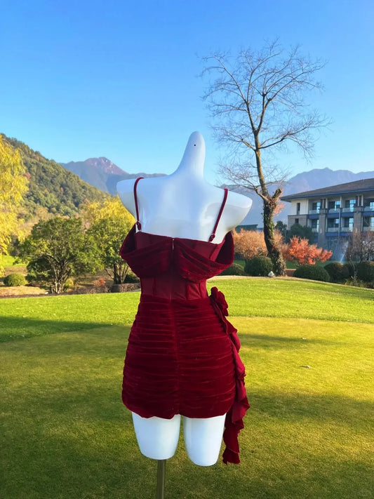 Elegant Sheath Spaghetti Straps Off-Shoulder Ruched Ruffled Short Length Homecoming Dress For Women