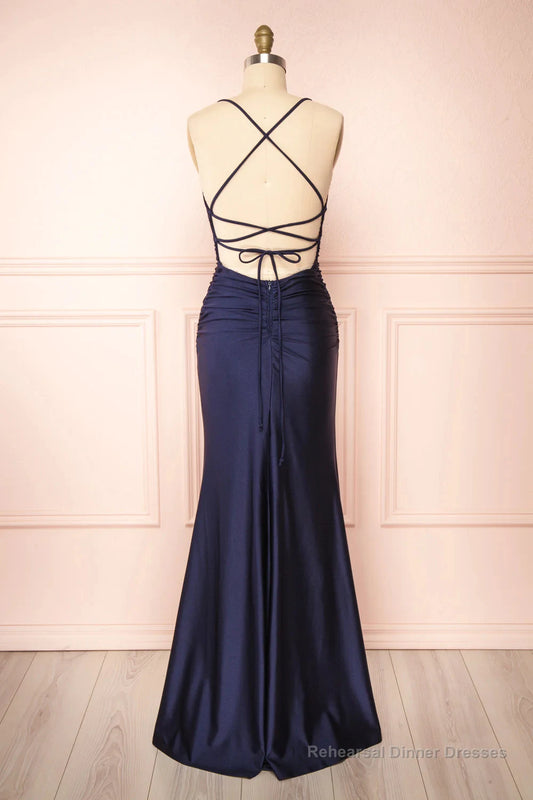 Elegant Sheath Spaghetti Straps Sleeveless Ruched Slit Satin Navy Blue Floor-Length Prom Dress