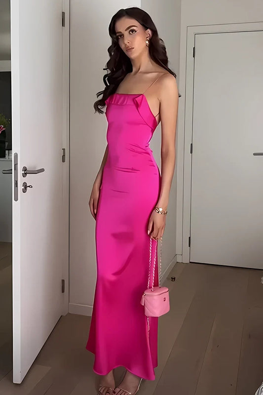 Elegant Sheath Spaghetti Straps Sleeveless Ruffled Back Satin Fuchsia Floor-Length Party Dress