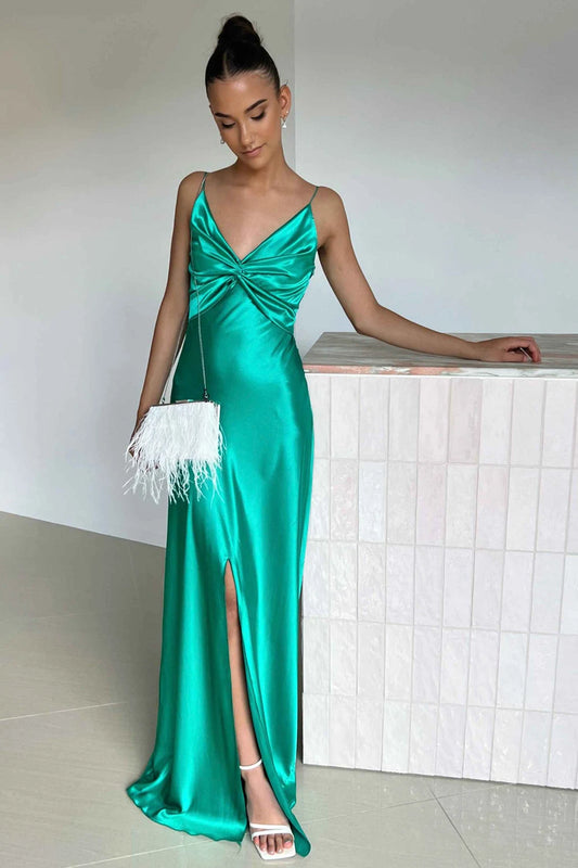 Elegant Sheath Spaghetti Straps Sleeveless Twisted Front Slit Satin Emerald Floor-Length Evening Dress