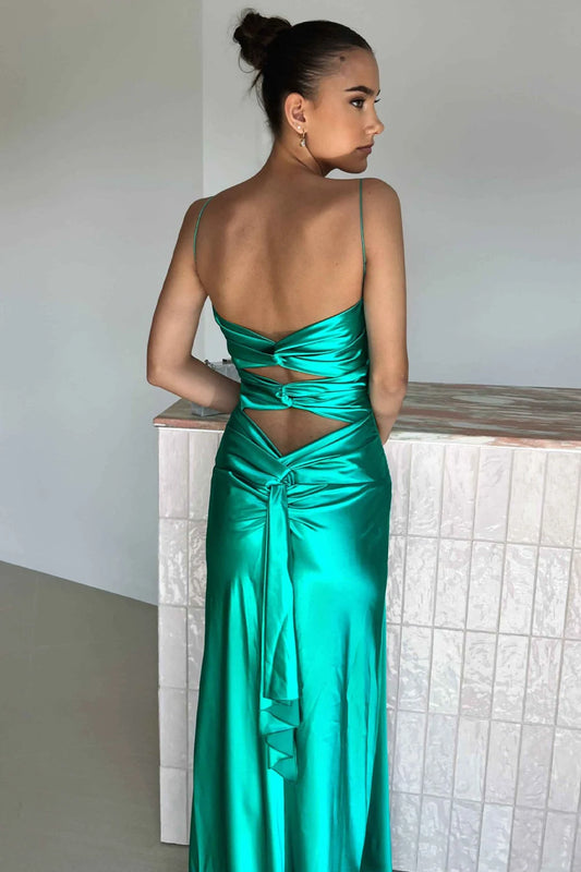 Elegant Sheath Spaghetti Straps Sleeveless Twisted Front Slit Satin Emerald Floor-Length Evening Dress