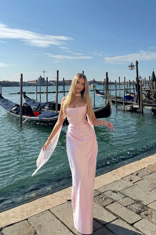 Elegant Sheath Square Neck Sleeveless Draped Satin Blushing Pink Floor-Length Evening Dress