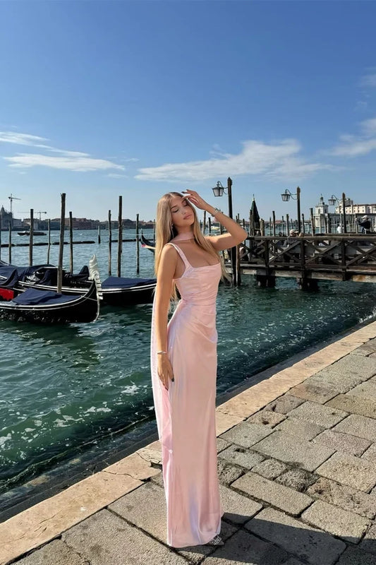 Elegant Sheath Square Neck Sleeveless Draped Satin Blushing Pink Floor-Length Evening Dress