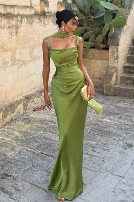 Elegant Sheath Square Neck Sleeveless Draped Scarf Satin Floor-Length Party Dress