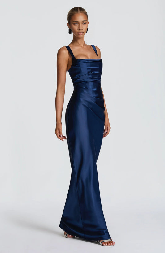 Elegant Sheath Square Sleeveless Draped Bodice Satin Navy Blue Floor-Length Prom Dress