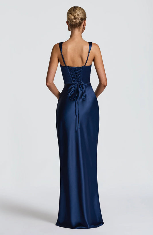 Elegant Sheath Square Sleeveless Draped Bodice Satin Navy Blue Floor-Length Prom Dress