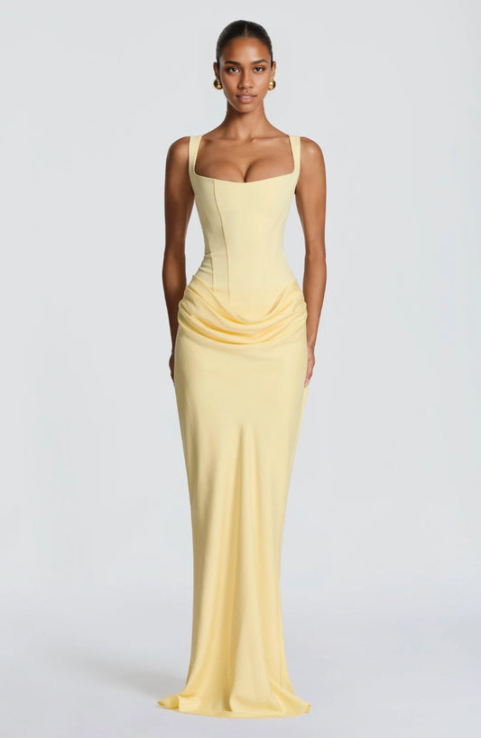 Elegant Sheath Square Sleeveless Draped Waist Daffodil Floor-Length Prom Dress