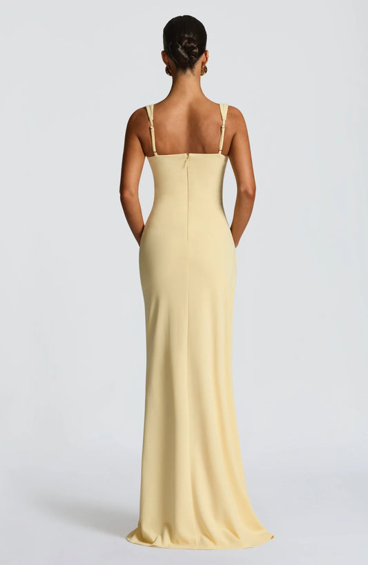 Elegant Sheath Square Sleeveless High Slit Ruched Lemon Floor-Length Prom Dress