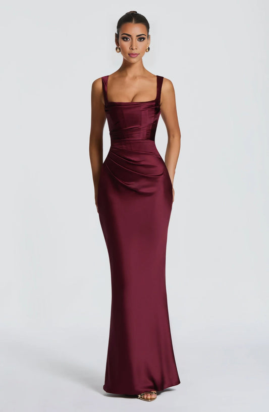 Elegant Sheath Square Sleeveless Ruched Corset Back Satin Burgundy Floor-Length Prom Evening Dress