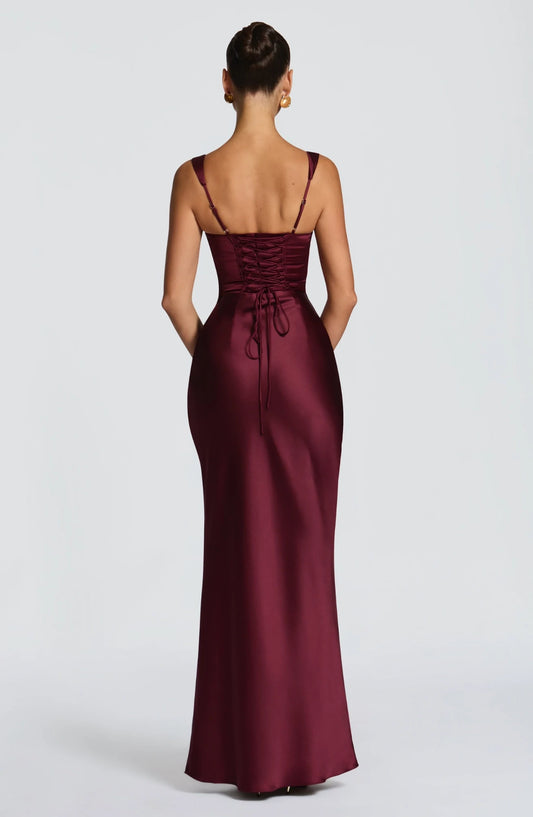 Elegant Sheath Square Sleeveless Ruched Corset Back Satin Burgundy Floor-Length Prom Evening Dress