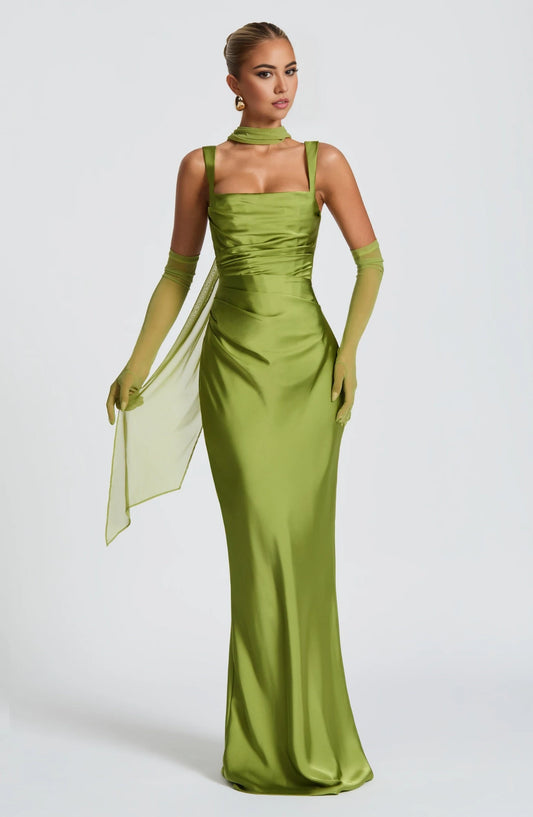 Elegant Sheath Square Sleeveless Ruched Lace-Up Back Satin  Green Floor-Length Prom Dress No With Gloves