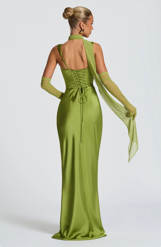Elegant Sheath Square Sleeveless Ruched Lace-Up Back Satin  Green Floor-Length Prom Dress No With Gloves