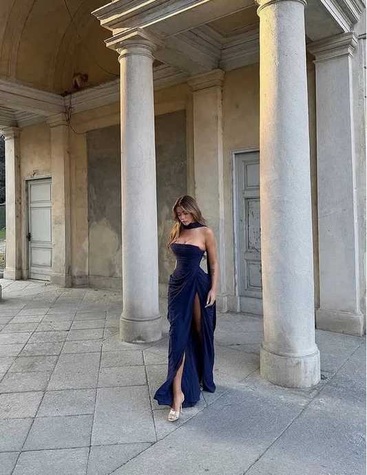 Elegant Sheath Strapless Ruched Navy Blue Floor-Length Party Dress With Slit