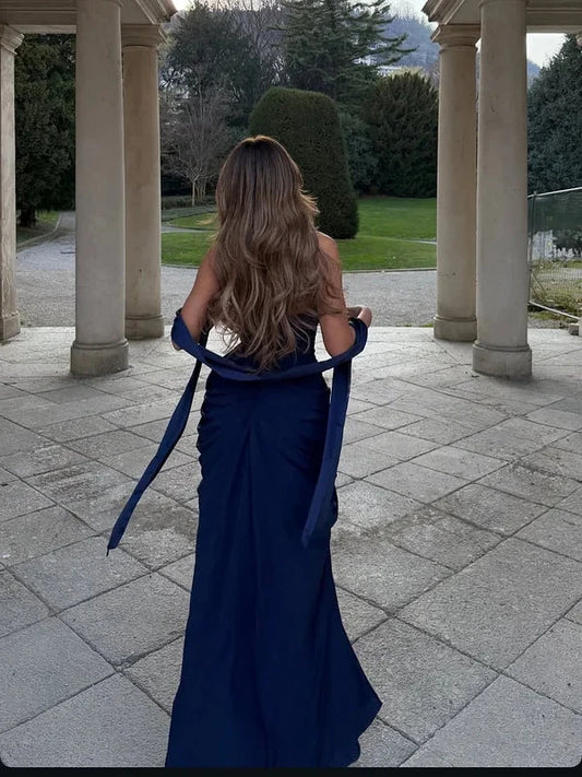 Elegant Sheath Strapless Ruched Navy Blue Floor-Length Party Dress With Slit