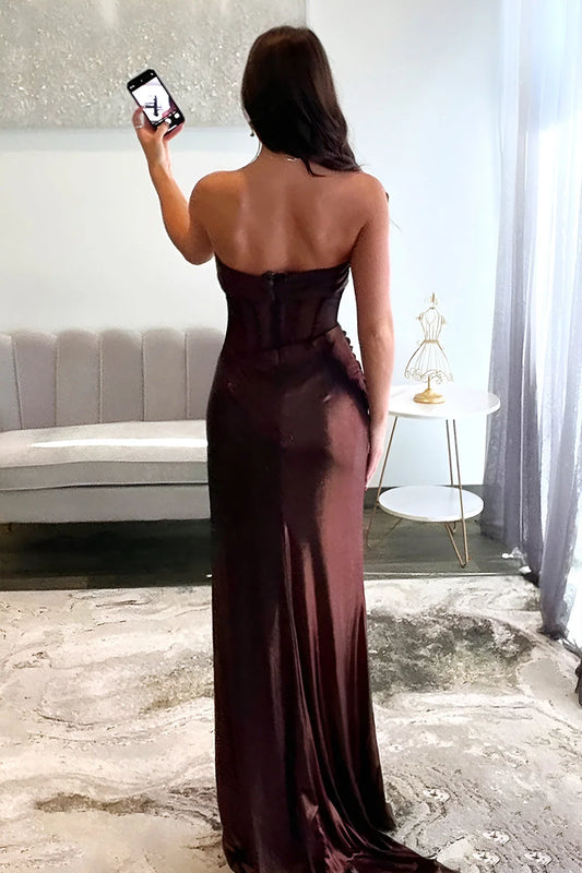 Elegant Sheath Strapless Sleeveless Corset Bodice High Slit Draped Shimmering Satin Chocolate Floor-Length Prom Dress
