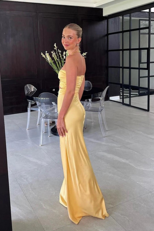 Elegant Sheath Strapless Sleeveless Cutout Bodice Satin Daffodil Floor-Length Prom Dress