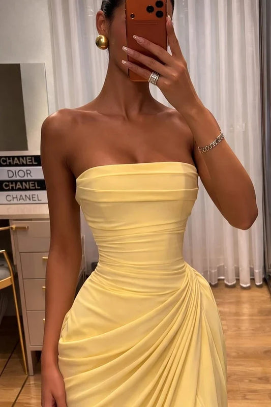 Elegant Sheath Strapless Sleeveless Draped Long Evening Dress with High Slit
