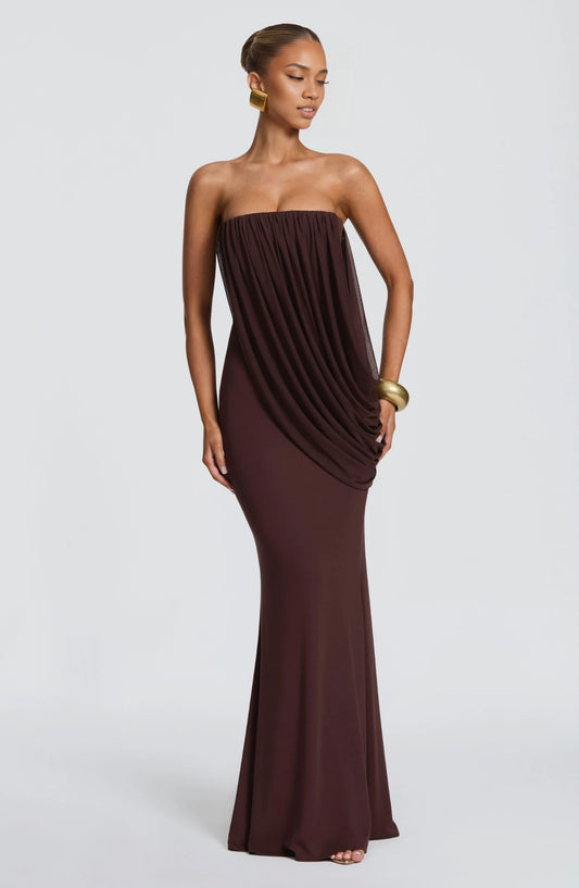 Elegant Sheath Strapless Sleeveless Draped Overlay Chocolate Floor-Length Evening Dress