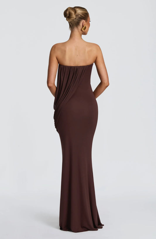 Elegant Sheath Strapless Sleeveless Draped Overlay Chocolate Floor-Length Evening Dress